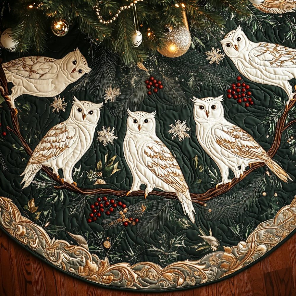 Handcrafted Snowy Perch Holiday Tree Skirt — Custom Winter Bird Scene Christmas Tree Skirt, Made To Order