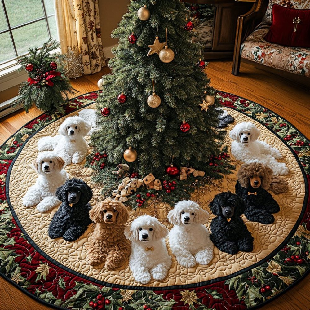 Snowy Poodle Glow Christmas Tree Skirt — Chic Pet-Themed Holiday Decor With Subtle Glow Accents, Handmade, Custom Sizing Available
