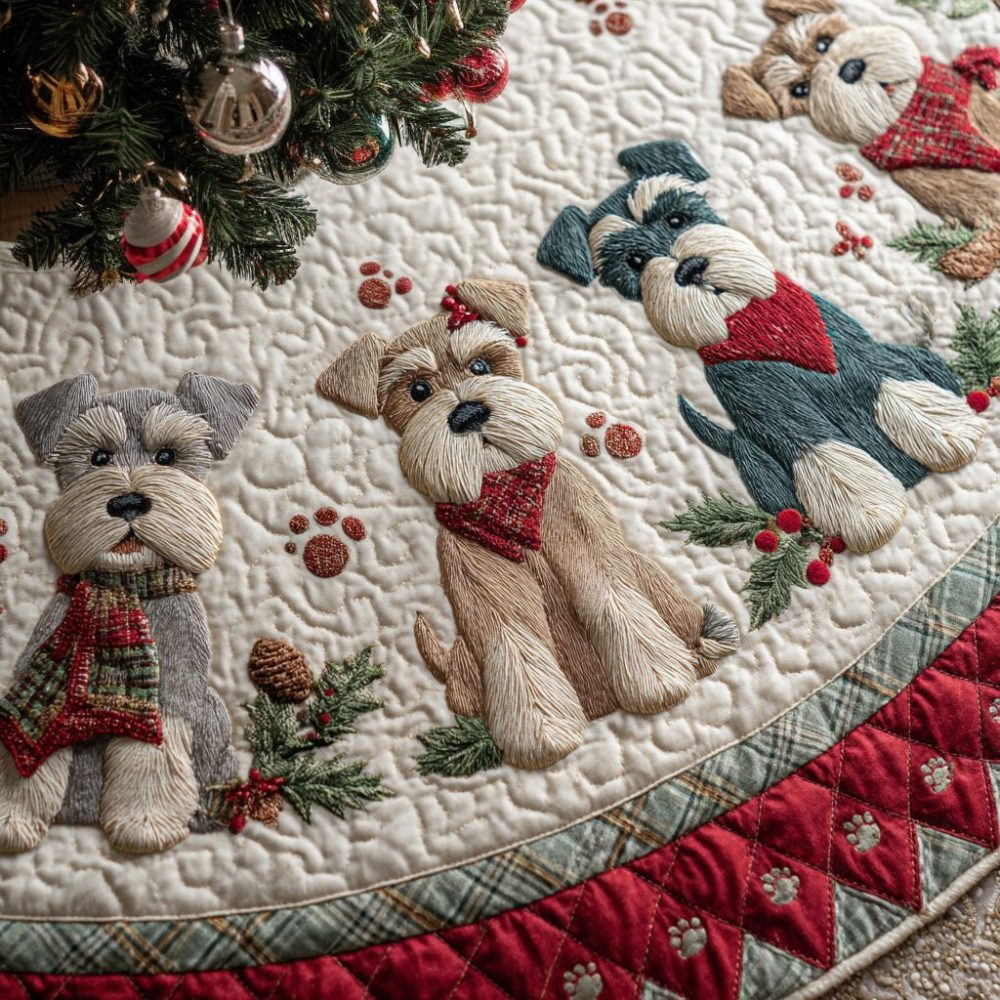 Adorable Snowy Schnauzer Christmas Tree Skirt — Pet Lover Handmade Holiday Decor, Personalized Options, Soft & Washable