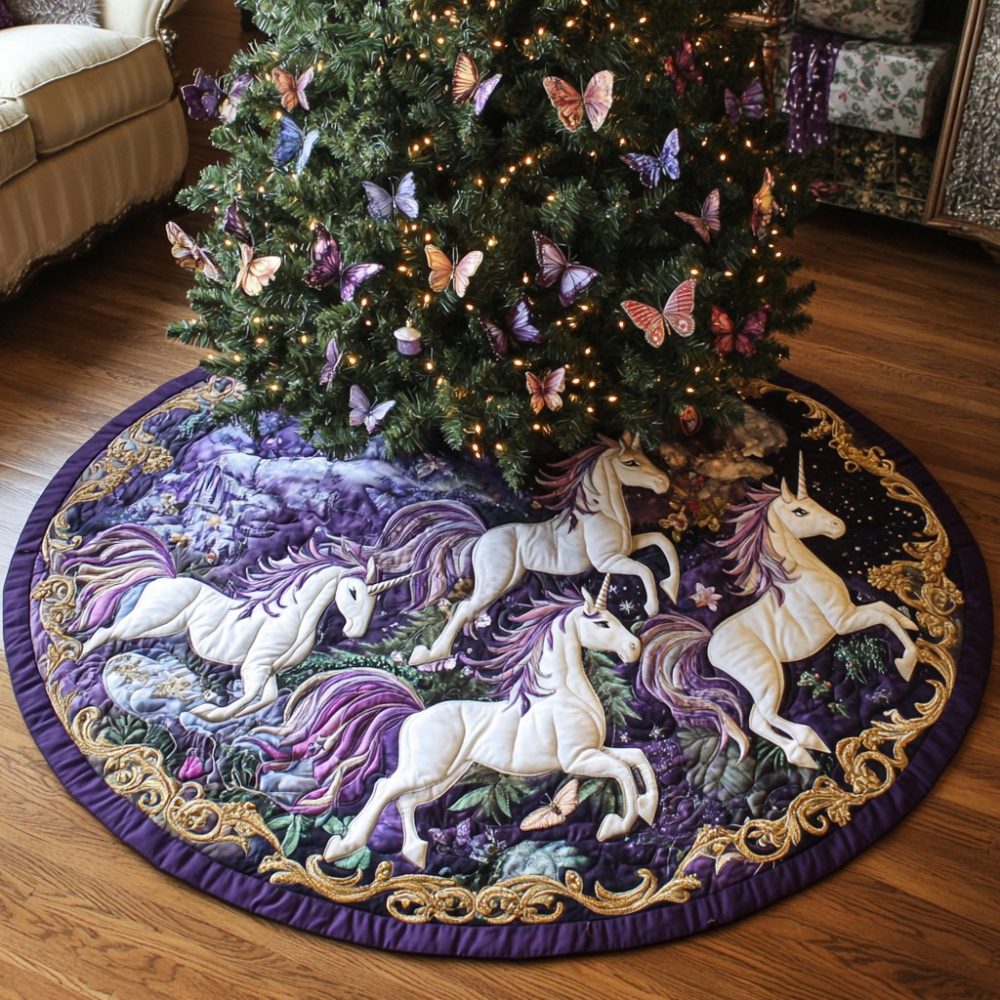 Snowy Serenade Holiday Tree Skirt With Musical Winter Motif — Handmade Seasonal Decor, Customizable, Soft Quilted Finish