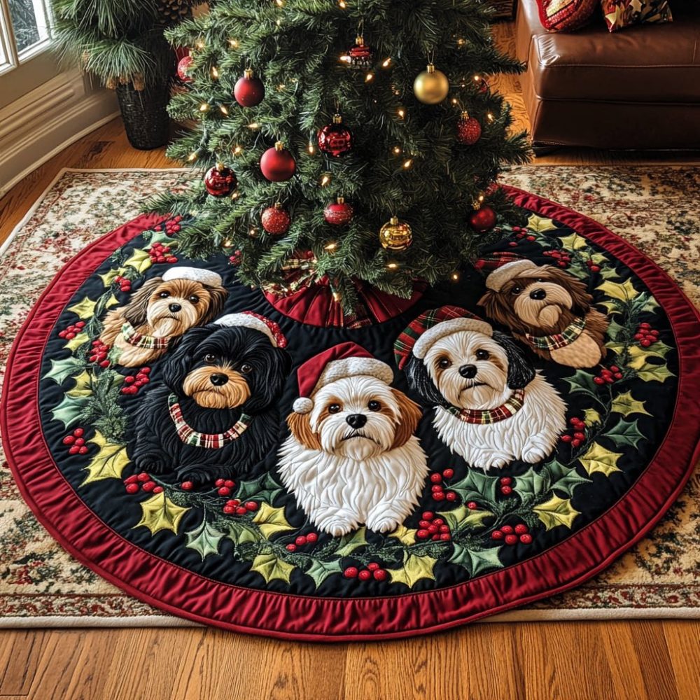 Cute Snowy Shih Tzu Christmas Tree Skirt - Personalized Pet Holiday Decor, Handmade, Soft Fabric, Perfect Dog Lover Gift