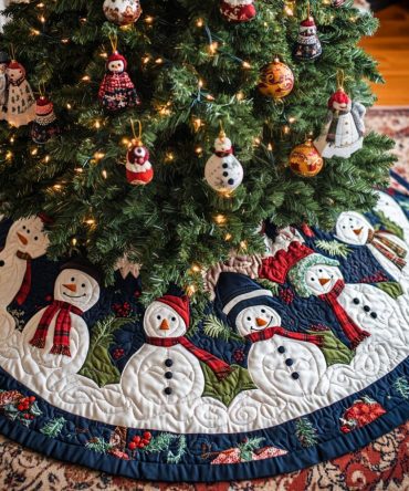 Navy Band Christmas Tree Skirt With Dapper Snowmen In Hats - Custom Handmade Holiday Skirt, Machine-Washable, Multiple Diameters