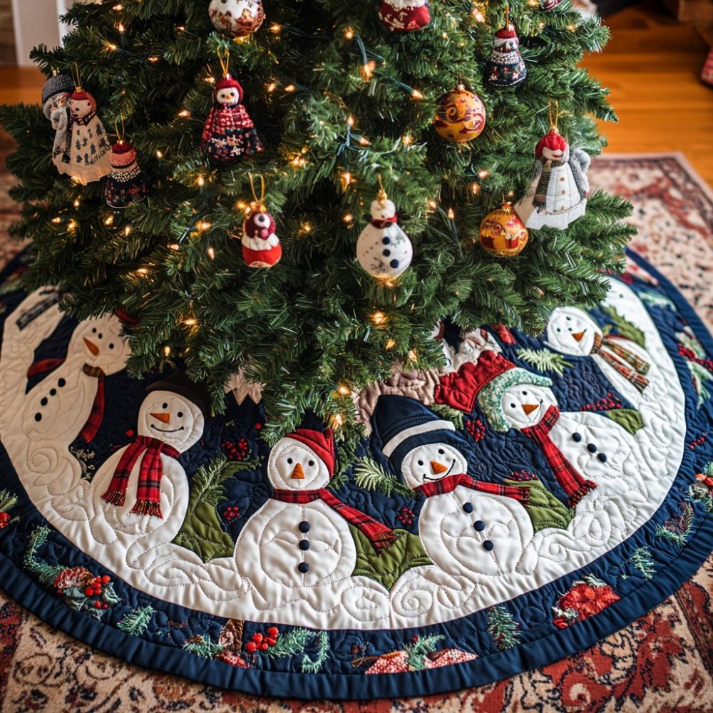 Navy Band Christmas Tree Skirt With Dapper Snowmen In Hats - Custom Handmade Holiday Skirt, Machine-Washable, Multiple Diameters