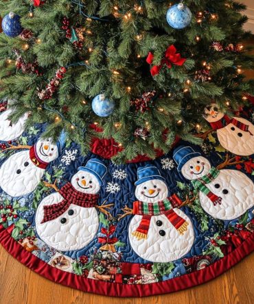 Handmade Blue Ruffle Hem Christmas Tree Skirt With Charming Snowman Row - Custom Made-To-Order Holiday Decor, Multiple Sizes