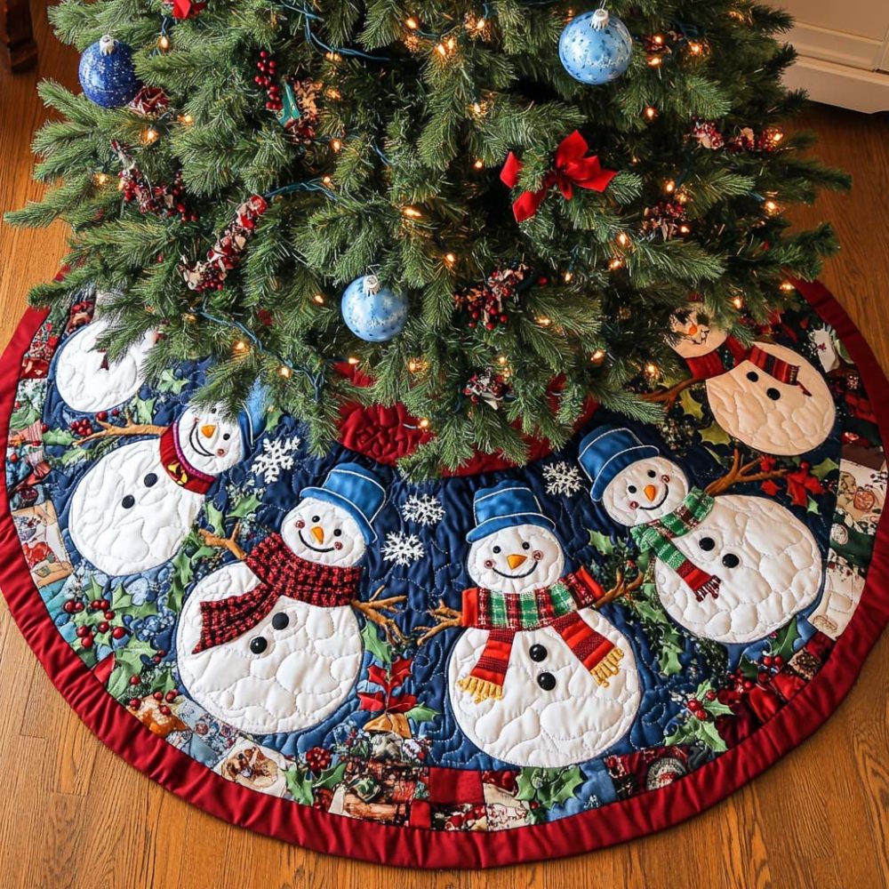 Handmade Blue Ruffle Hem Christmas Tree Skirt With Charming Snowman Row - Custom Made-To-Order Holiday Decor, Multiple Sizes