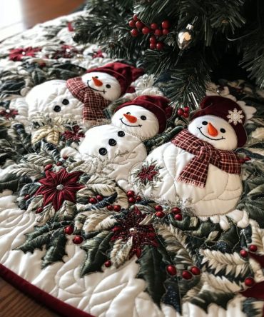 Elegant Ivory Christmas Tree Skirt With Snowmen & Poinsettia Accents - Handmade, Custom Sizes, Perfect Holiday Centerpiece