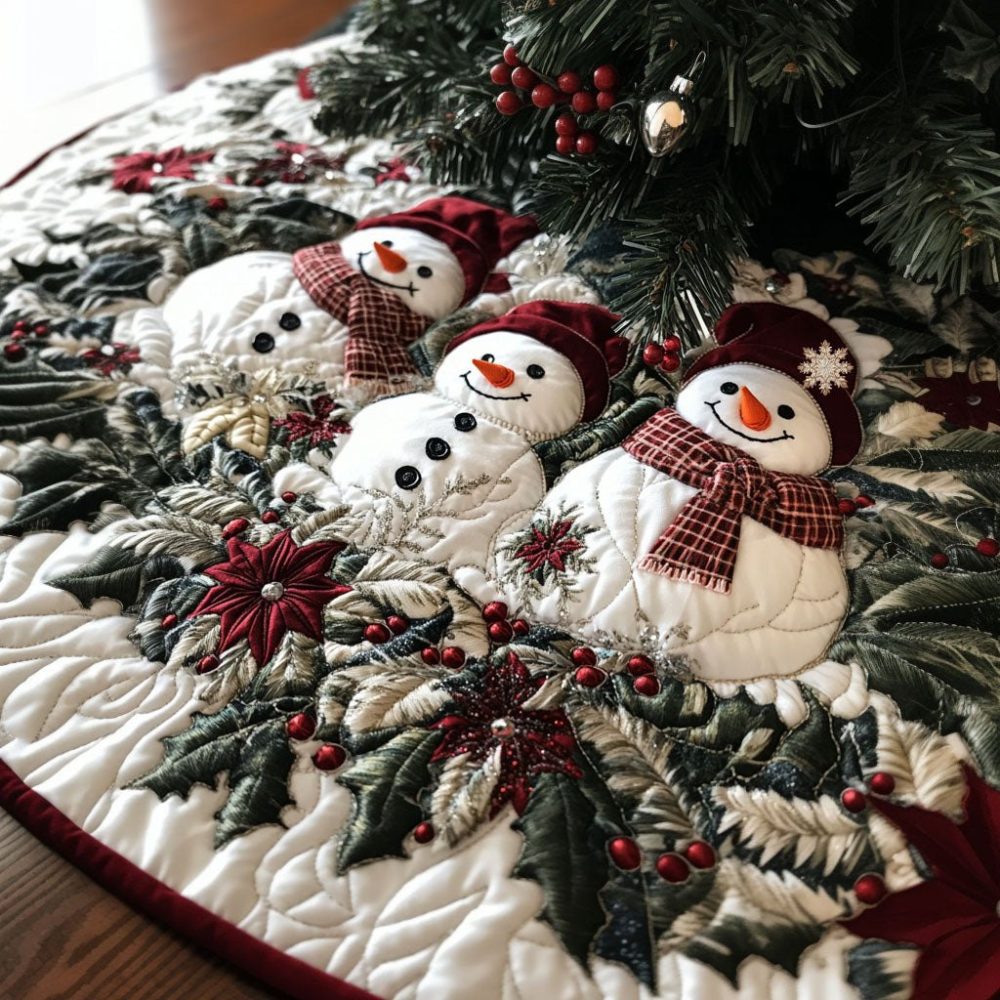 Elegant Ivory Christmas Tree Skirt With Snowmen & Poinsettia Accents - Handmade, Custom Sizes, Perfect Holiday Centerpiece