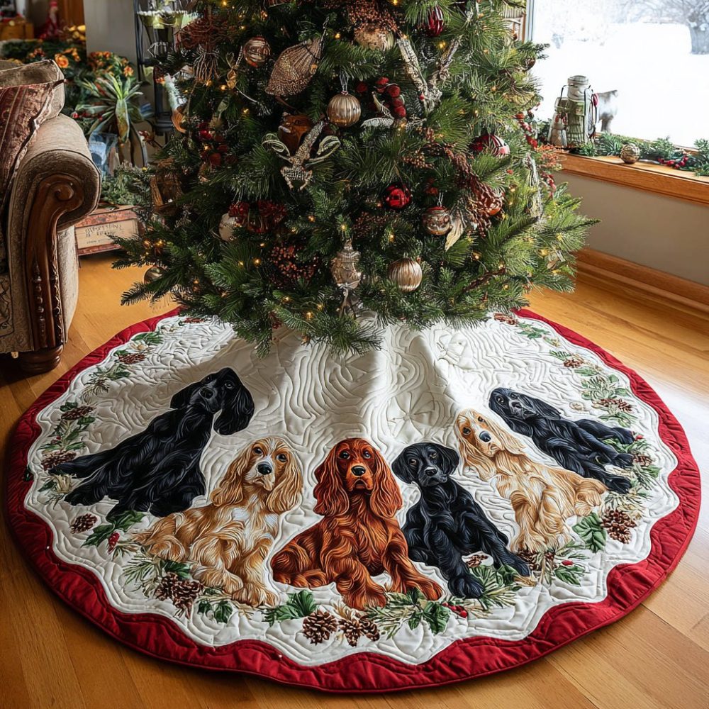 Snowy Spaniel Glow Tree Skirt — Custom Spaniel Holiday Skirt, Soft Plush Fleece, Handcrafted Warm Winter Decor For Pet Lovers