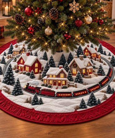 Snowy Village Christmas Tree Skirt — Charming Snow-Covered Village Design, Plush Velvet, Personalized Name & Family Keepsake Option