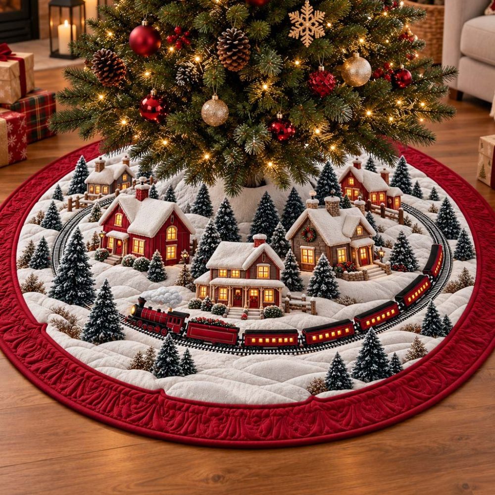 Snowy Village Christmas Tree Skirt — Charming Snow-Covered Village Design, Plush Velvet, Personalized Name & Family Keepsake Option