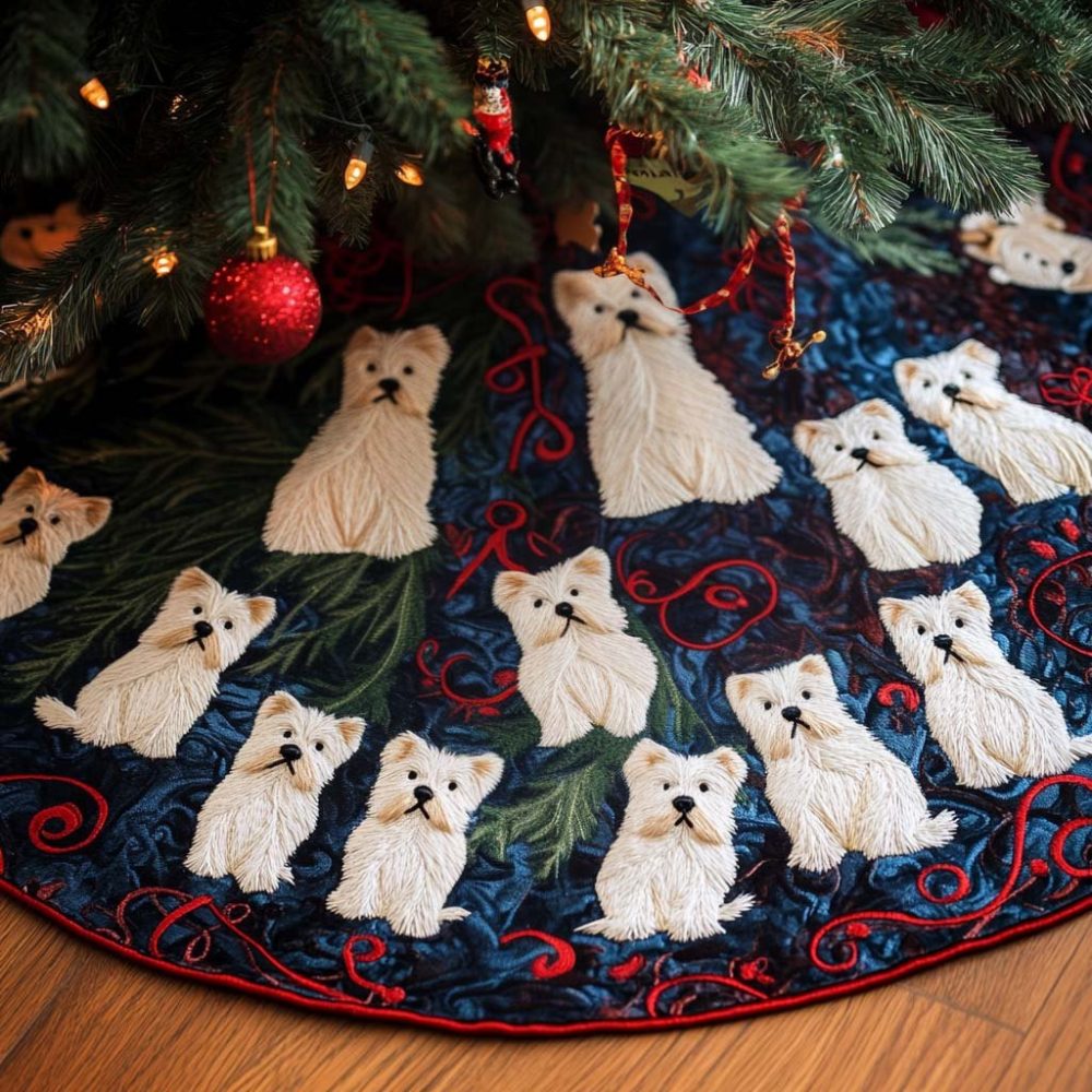 Snowy Westie Holiday Tree Skirt — Handmade West Highland Terrier Theme, Custom Plush Fleece Skirt, Cozy Seasonal Decor
