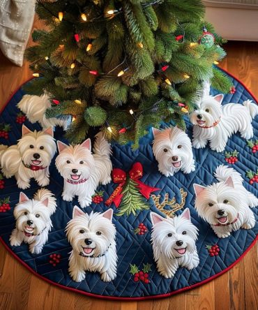 Snowy Westie Delights Tree Skirt — Custom Festive Westie Design, Handmade Plush Skirt, Personalized Dog Lover Holiday Decor