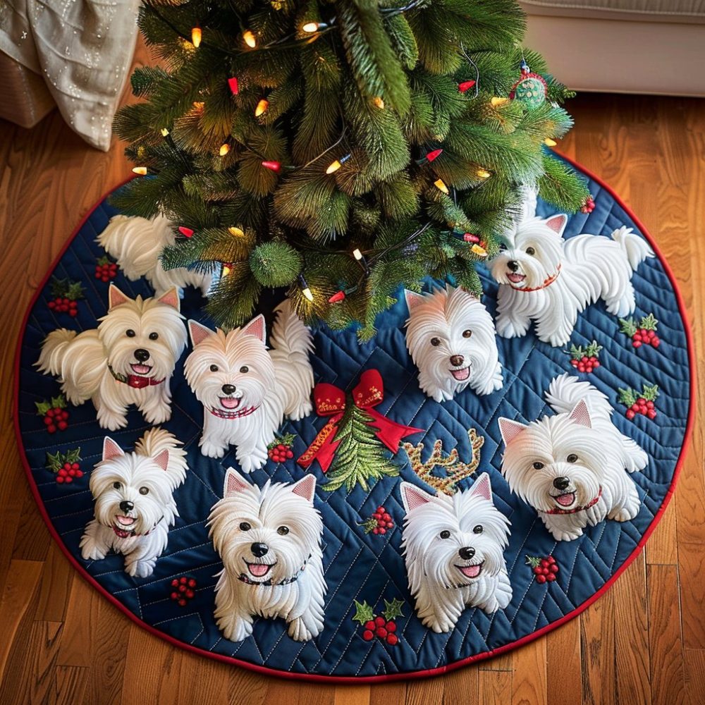 Snowy Westie Delights Tree Skirt — Custom Festive Westie Design, Handmade Plush Skirt, Personalized Dog Lover Holiday Decor