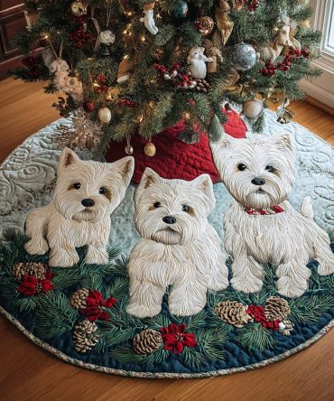 Westie Wishes Snowy Tree Skirt — Custom Westie Dog Holiday Skirt, Handmade Plush Fleece, Personalized Pet Lover Gift