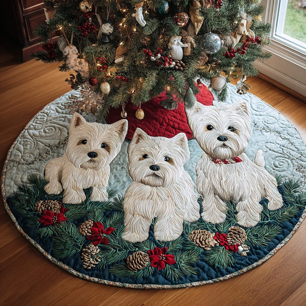 Westie Wishes Snowy Tree Skirt — Custom Westie Dog Holiday Skirt, Handmade Plush Fleece, Personalized Pet Lover Gift