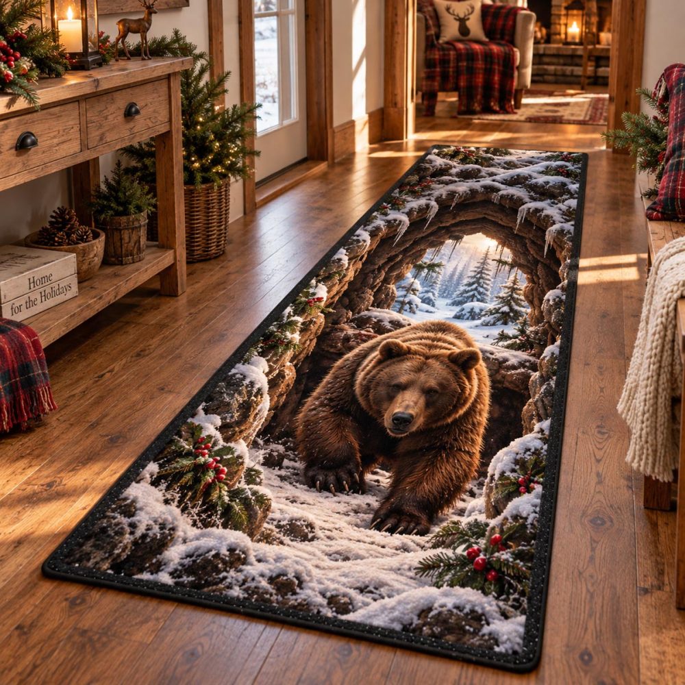 Snowy Bear Passage Runner Rug — Winter-Themed Hallway Runner With Snow Bear Design, Plush Pile, Fade-Resistant & Anti-Slip Backing