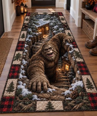 Snowy Sasquatch Lodge Runner — Cozy Cabin & Entryway Carpet Rug With Winter Bigfoot Theme For Hallways And Stairs