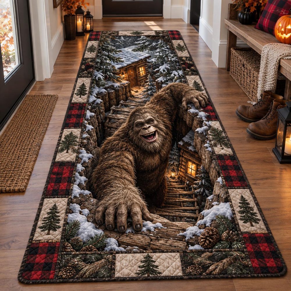 Snowy Sasquatch Lodge Runner — Cozy Cabin & Entryway Carpet Rug With Winter Bigfoot Theme For Hallways And Stairs