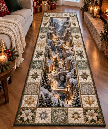 Snowy Village Passage Runner — Winter Village Hallway Rug, Festive Non-Slip Runner Carpet For Entryway, Durable Holiday Decor