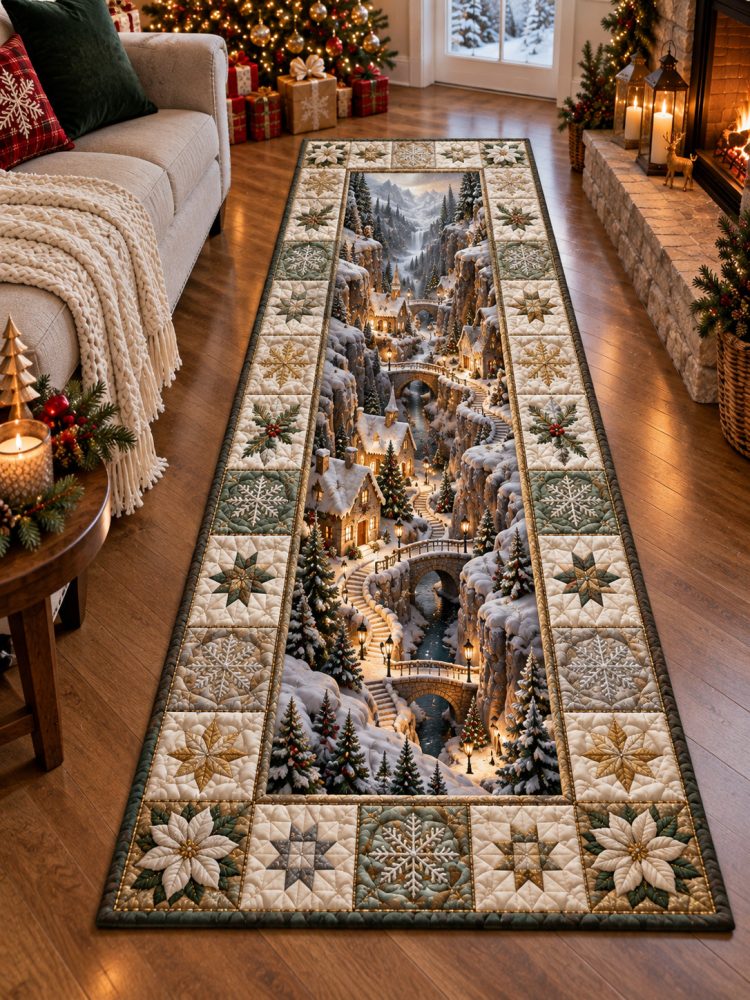 Snowy Village Passage Runner — Winter Village Hallway Rug, Festive Non-Slip Runner Carpet For Entryway, Durable Holiday Decor