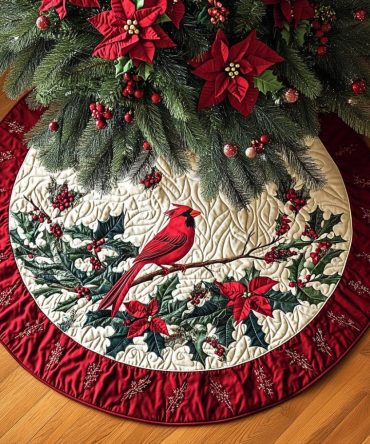 Red Feather Serenade Christmas Tree Skirt — Custom Woodland Holiday Skirt, Handcrafted, Soft Fleece, Personalized Gift-Ready