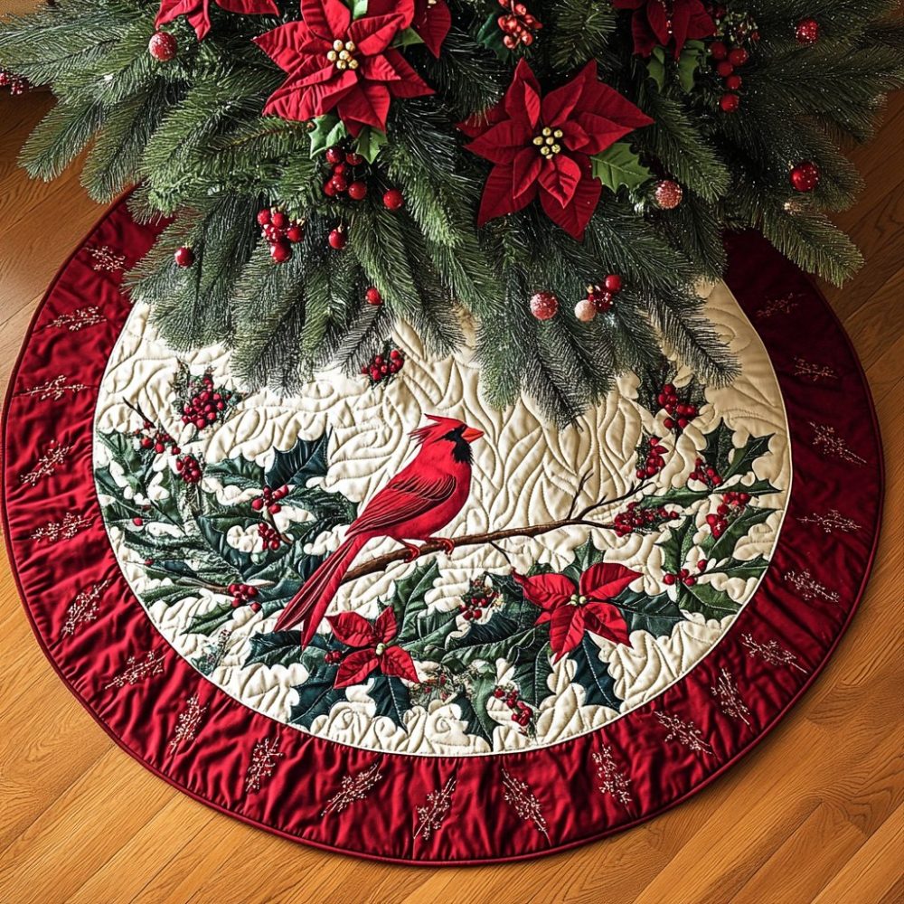 Red Feather Serenade Christmas Tree Skirt — Custom Woodland Holiday Skirt, Handcrafted, Soft Fleece, Personalized Gift-Ready