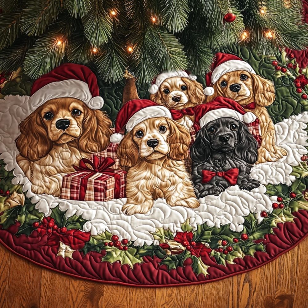 Spaniel Meadow Rustic Tree Skirt - Handmade Country Christmas Tree Base With Meadow Spaniel Scene, Cotton-Lined, Custom Sizes