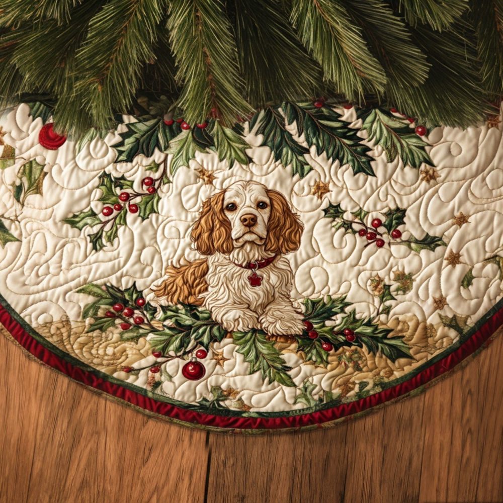 Spaniel Memories Memorial Tree Skirt - Personalized Keepsake Christmas Tree Base With Spaniel Portrait, Quilted, Gift Ready