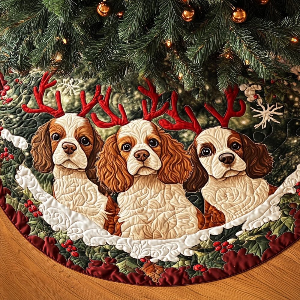 Spaniel Noel Delight Holiday Tree Skirt - Custom Festive Dog Christmas Tree Base With Joyful Spaniel Motif, Plush Velvet, Fast Turnaround