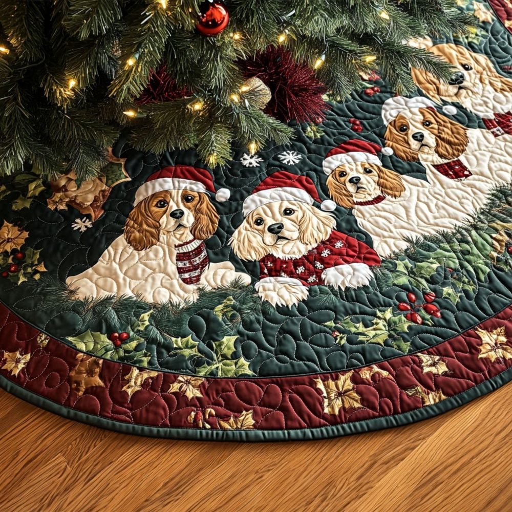 Spaniel Playtime Fun Tree Skirt - Personalized Dog Christmas Tree Base With Playful Spaniel Design, Soft Fleece, Machine Washable