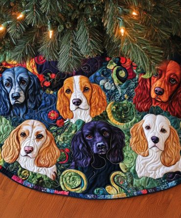 Spaniel Splendor Christmas Tree Skirt - Luxurious Quilted Velvet Tree Base Cover With Spaniel Art, Custom Sizes