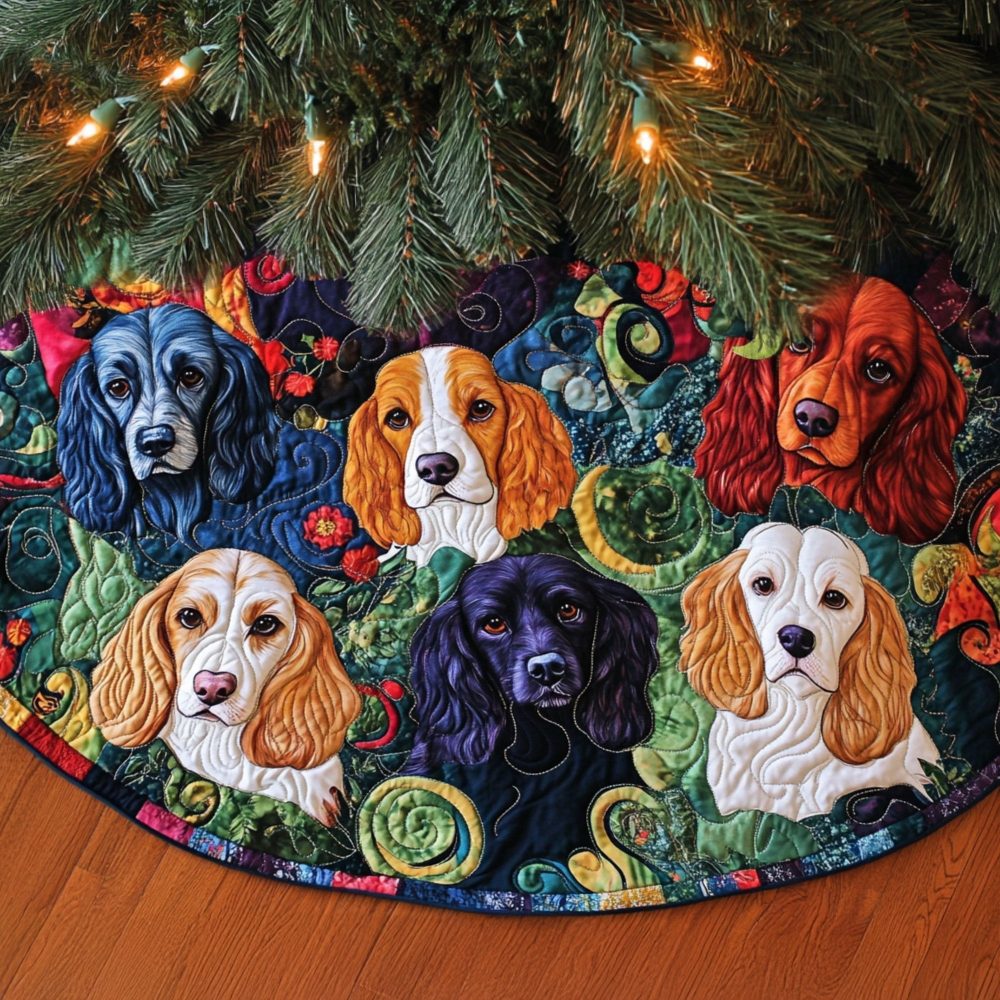 Spaniel Splendor Christmas Tree Skirt - Luxurious Quilted Velvet Tree Base Cover With Spaniel Art, Custom Sizes