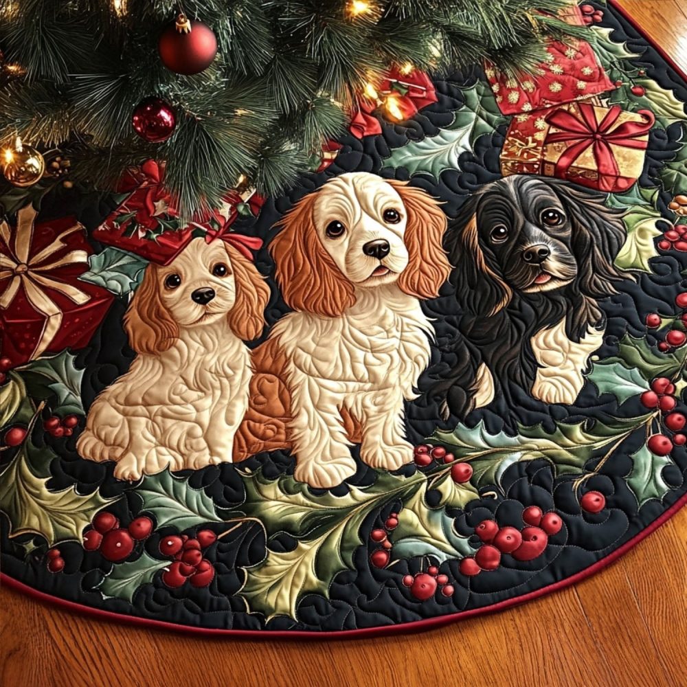 Spaniel Starlight Holiday Tree Skirt - Handmade Star-Embroidered Christmas Tree Base With Spaniel Silhouette, Soft Fleece
