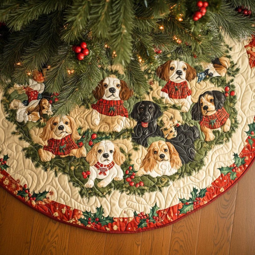 Spaniel Treasure Holiday Tree Skirt - Custom Keepsake Christmas Tree Base With Vintage Spaniel Print, Quilted, Gift-Wrapped Options