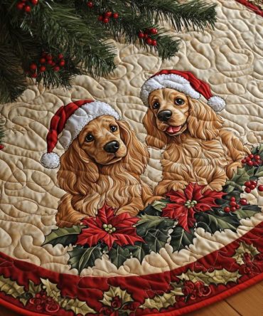 Spaniel Warmth Cozy Tree Skirt - Handmade Pet Lover Christmas Tree Base Cover With Embroidered Spaniel, Plush Insulated Backing