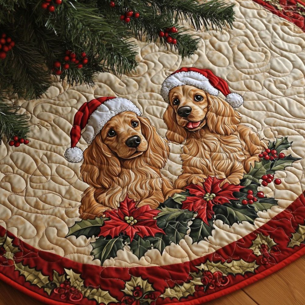Spaniel Warmth Cozy Tree Skirt - Handmade Pet Lover Christmas Tree Base Cover With Embroidered Spaniel, Plush Insulated Backing