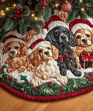 Spaniel Whispers Festive Tree Skirt - Personalized Pet Christmas Tree Base Cover With Whispering Spaniel Motif, Soft Velvet, Custom Fit