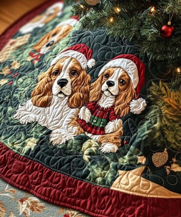 Spaniel Wishes Holiday Tree Skirt - Personalized Christmas Tree Base With Charming Spaniel Illustration, Soft Fleece, Custom Size