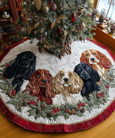 Spaniel By The Hearth Holiday Tree Skirt - Custom Pet Portrait Christmas Tree Base With Cozy Fireplace Design, Plush Lining