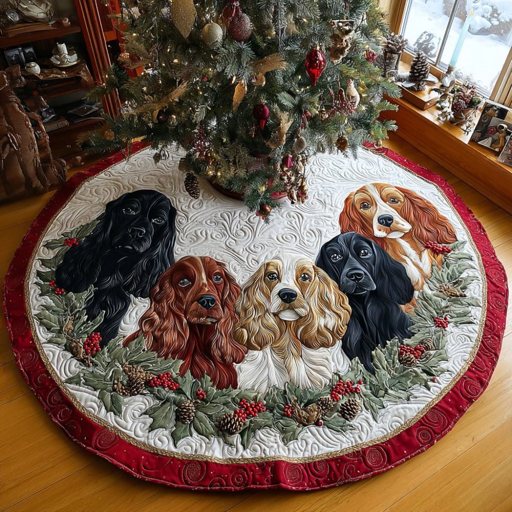 Spaniel By The Hearth Holiday Tree Skirt - Custom Pet Portrait Christmas Tree Base With Cozy Fireplace Design, Plush Lining