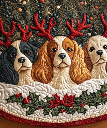 Spaniels Cuddles Dog Lover Tree Skirt — Sweet Spaniel Portraits With Custom Options, Handmade Holiday Base Cover For Pet Families