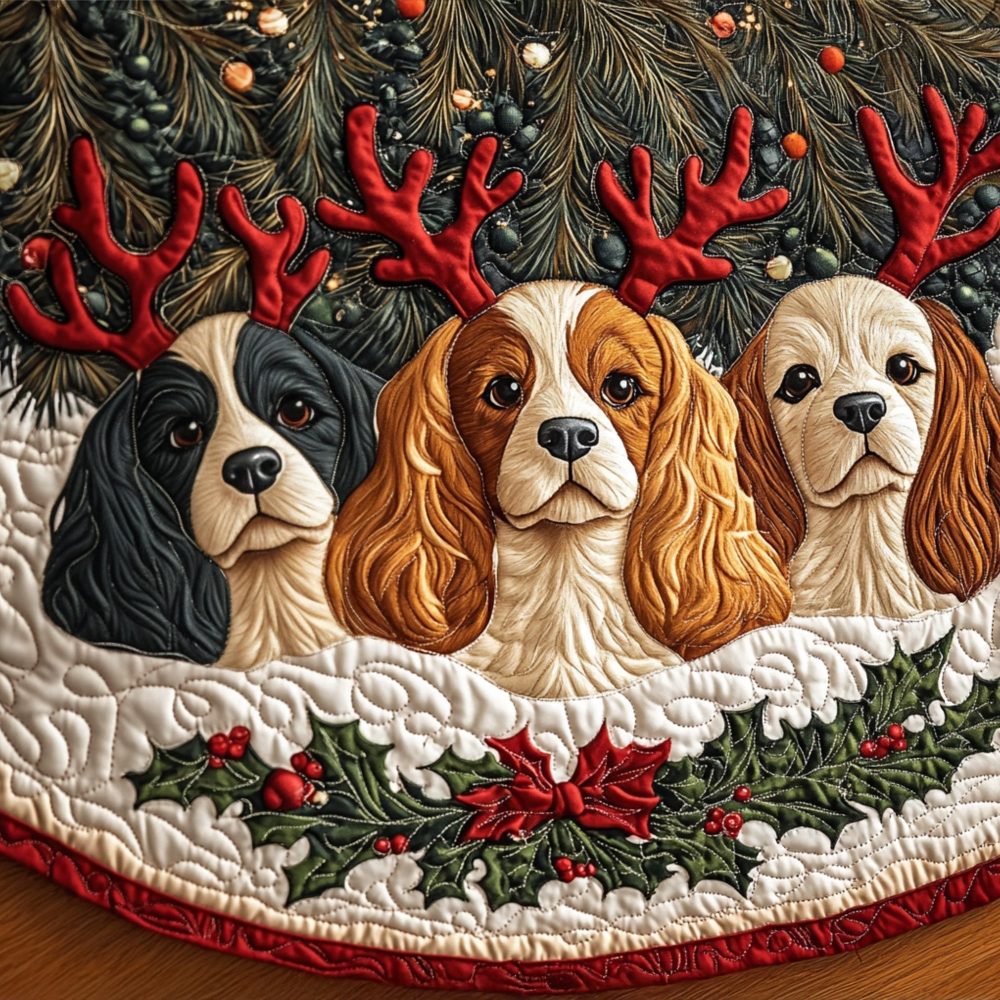 Spaniels Cuddles Dog Lover Tree Skirt — Sweet Spaniel Portraits With Custom Options, Handmade Holiday Base Cover For Pet Families