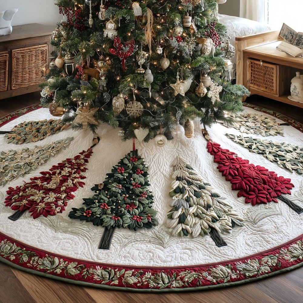 Sequin Sparkle Christmas Tree Skirt - Custom Handmade Holiday Tree Base Cover With Glitter Trees & Plush Backing