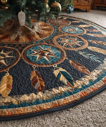 Spirit Feathers Boho Tree Skirt — Feather Motif With Southwestern Flair, Handmade Custom Base Cover For Trendy Holiday Styling