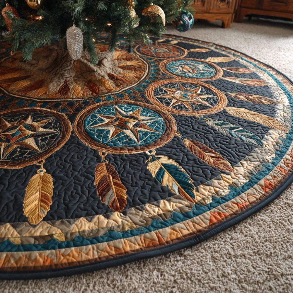 Spirit Feathers Boho Tree Skirt — Feather Motif With Southwestern Flair, Handmade Custom Base Cover For Trendy Holiday Styling