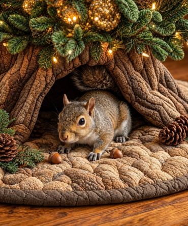 Custom Squirrel Den Christmas Tree Skirt — Made-To-Order Woodland Holiday Base, Rustic Charm, Soft & Machine-Washable