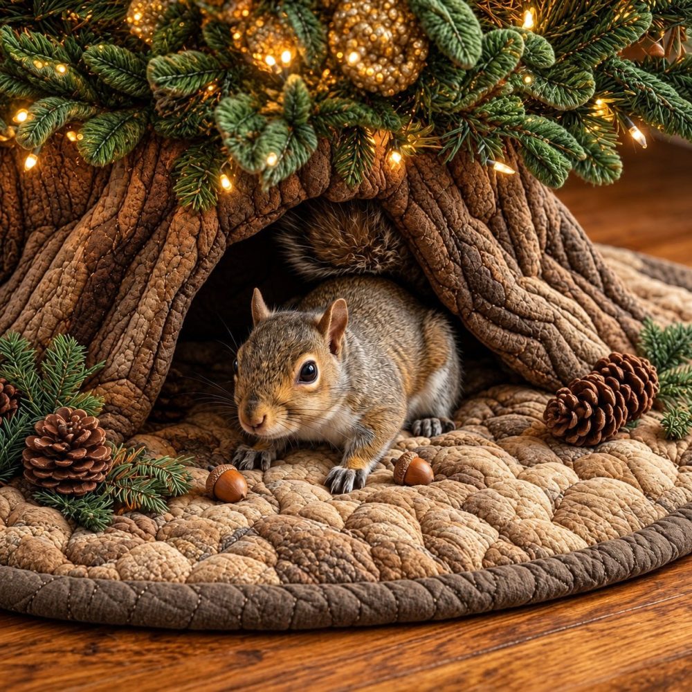 Custom Squirrel Den Christmas Tree Skirt — Made-To-Order Woodland Holiday Base, Rustic Charm, Soft & Machine-Washable
