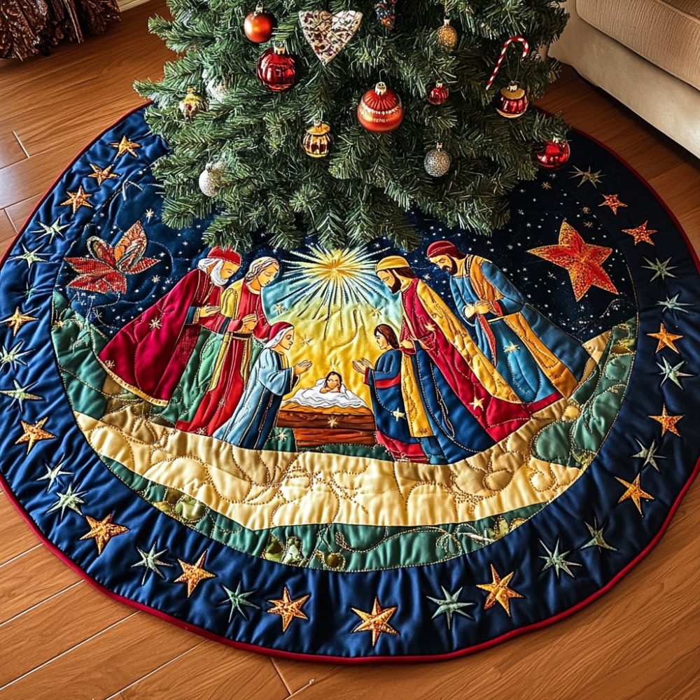 Stable Stars Rustic Tree Skirt — Hand-Sewn Star Motif On Cozy Fabric, Custom Sizes For Farmhouse & Country Christmas Decor