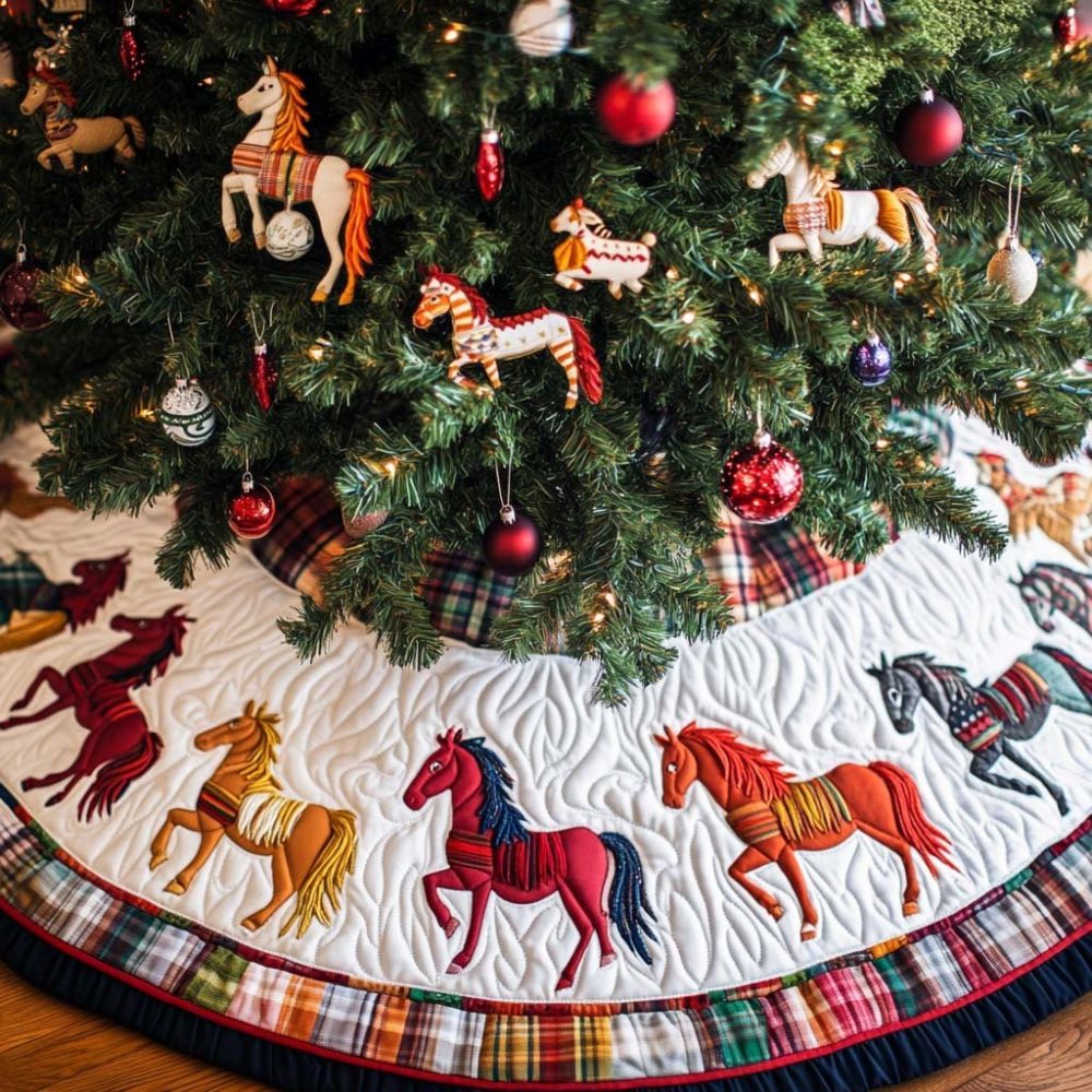 Stallion Dream Western Tree Skirt — Majestic Horse Design With Embroidered Detailing, Custom Size Options For Equestrian Lovers