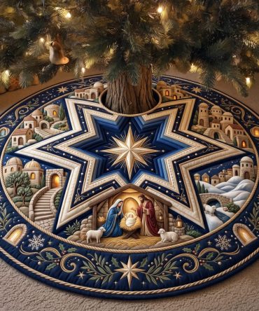 Star Nativity Christmas Tree Skirt - Custom Bright Star-Themed Nativity Skirt With Radiant Embellishments, Handmade Holiday Centerpiece